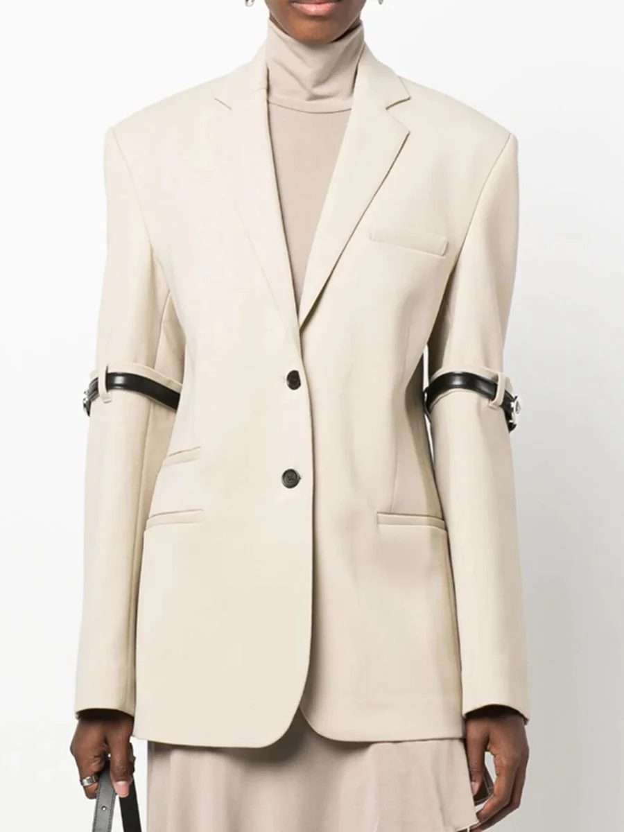 Woherb Woherb Small Suit 2024 Autumn New Suit Collar Long Sleeve Folding Sleeve Belt Buckle Design Sense Coat Female-Outfit Ideas