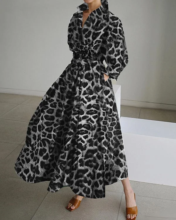 Temperament Commuter Lapel Leopard Shirt Sleeves Loose Dress