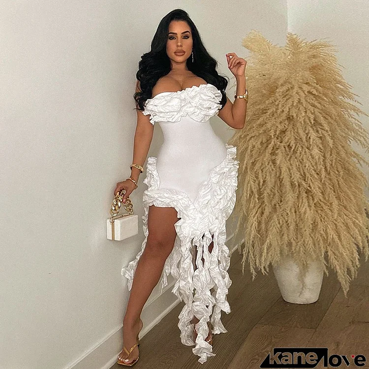 Women Sexy Solid Color Strapless Irregular Fringe Ruffle Dress