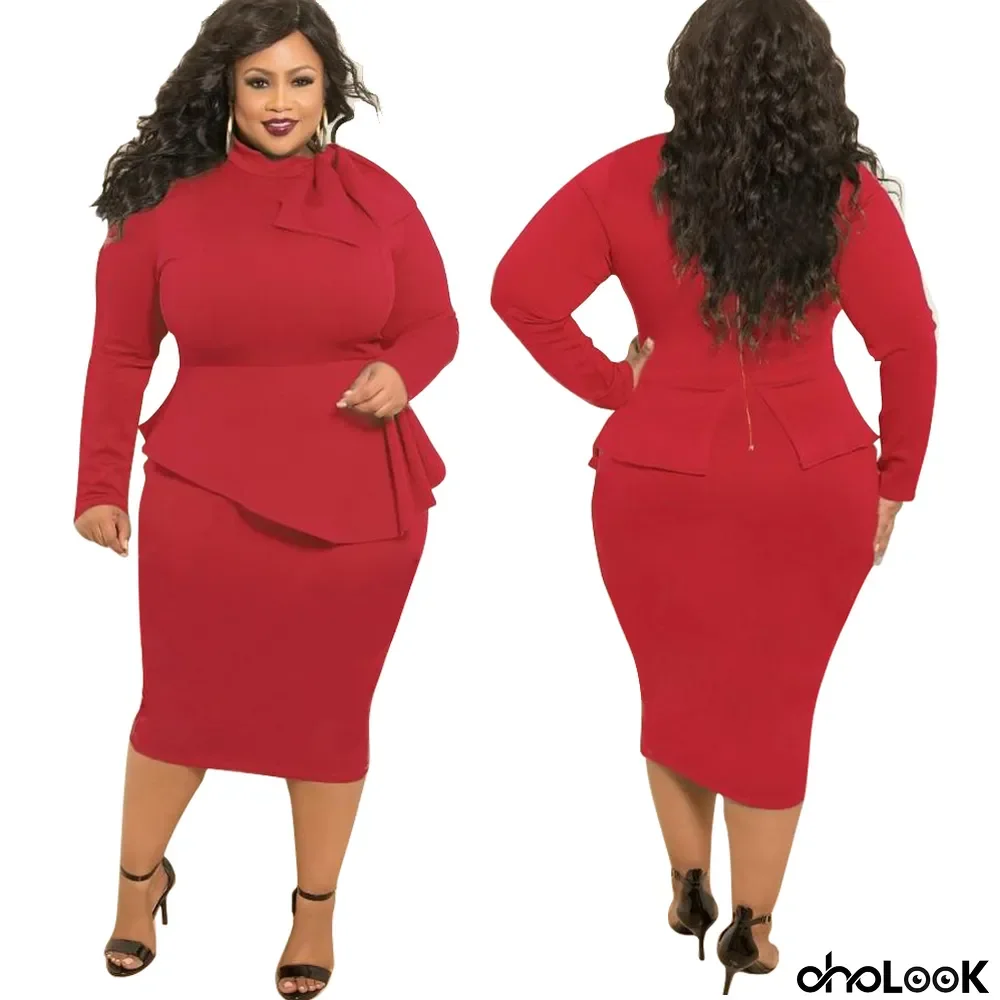 Classic Autumn Winter Women's Plus Size Dress Bow Knot Long Sleeve Dress