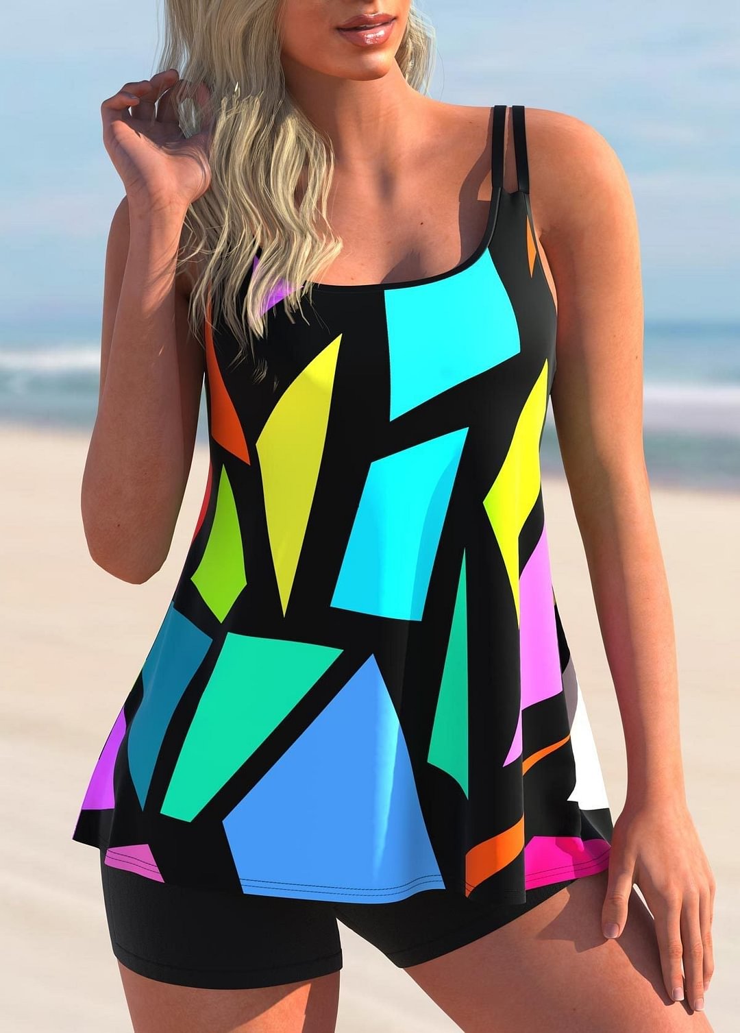 Plus Size Swimwear Sleeveless Bright Geometric Tankini
