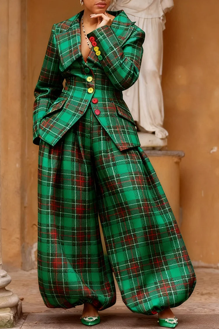 Plus Size Christmas Green Plaid Turndown Collar Long Sleeve Pocket Elegant Jogging Two Piece Pant Sets [Pre-Order]