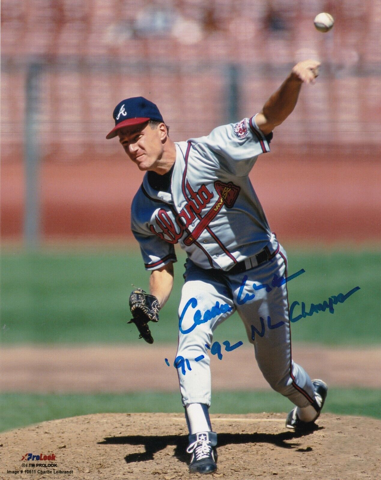 CHARLIE LEIBRANDT ATLANTA BRAVES 91,92 NL CHAMPS ACTION SIGNED 8x10