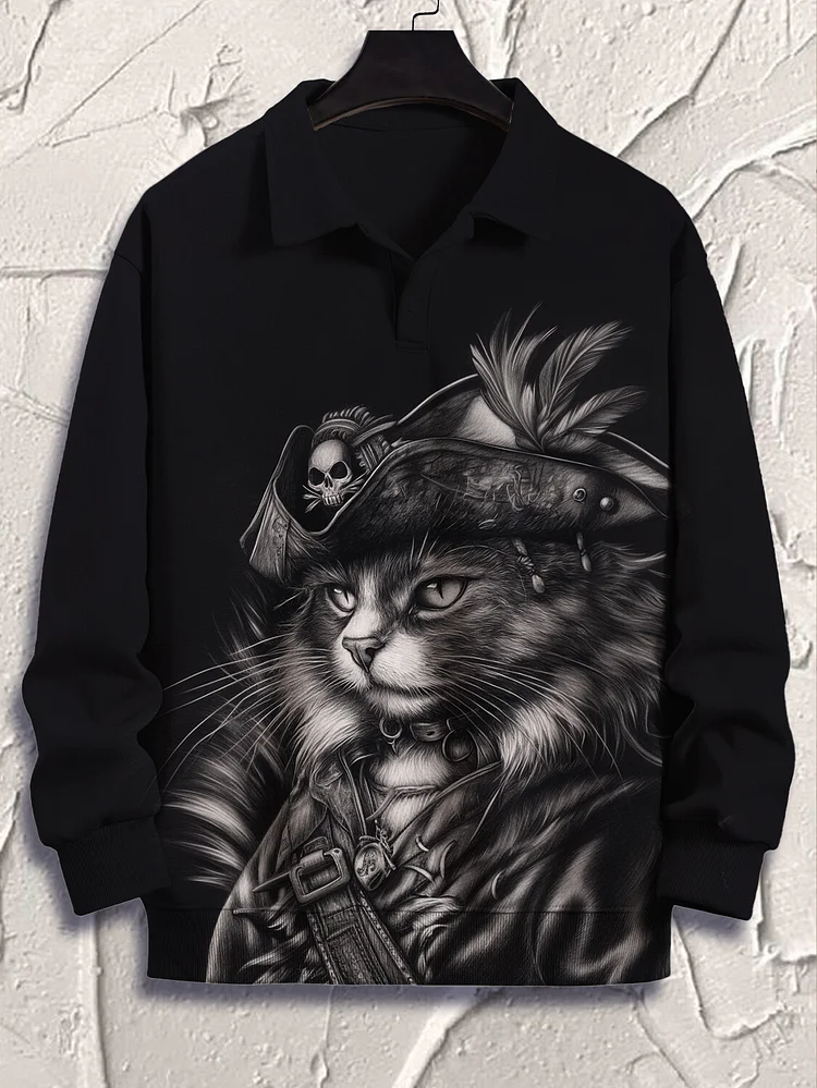 Men's Retro Viking Cat Print Casual Polo Sweatshirt