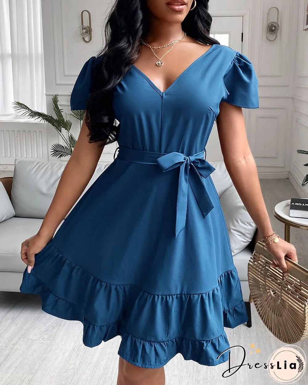 Solid V-Neck Shirred Back Ruffle Hem Belted Dress