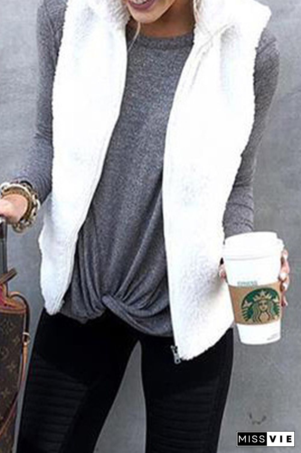 Fashion Solid Pocket Zipper Mandarin Collar Tops