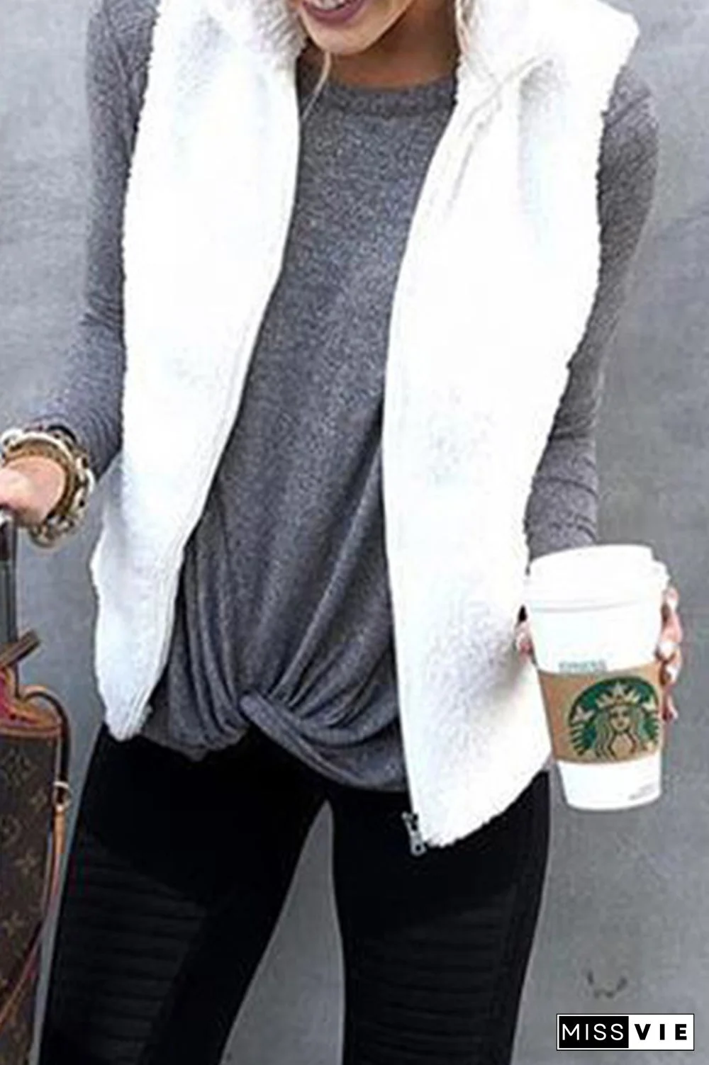 Fashion Solid Pocket Zipper Mandarin Collar Tops