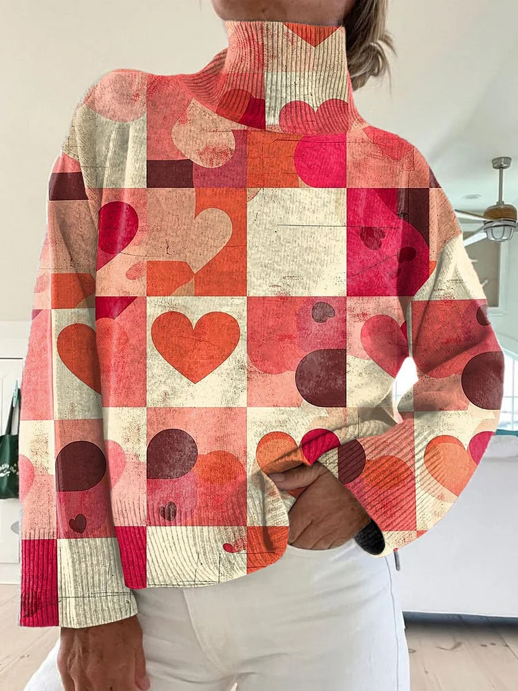 Valentine's Day Vintage Love Art Print Knit Turtleneck Pullover Sweater