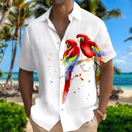 Men's Bird Floral Pattern Buttons Short Sleeve Casual Shirt
