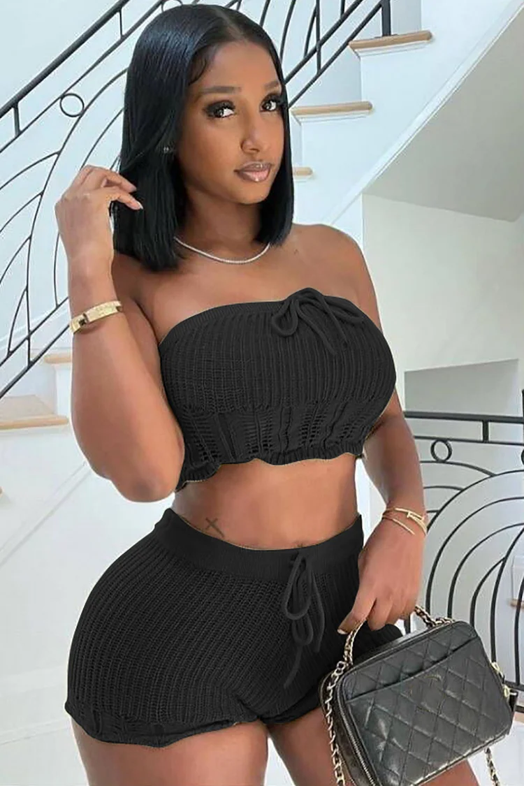 Knotted Crop Tube Top Knit Shorts Matching Set