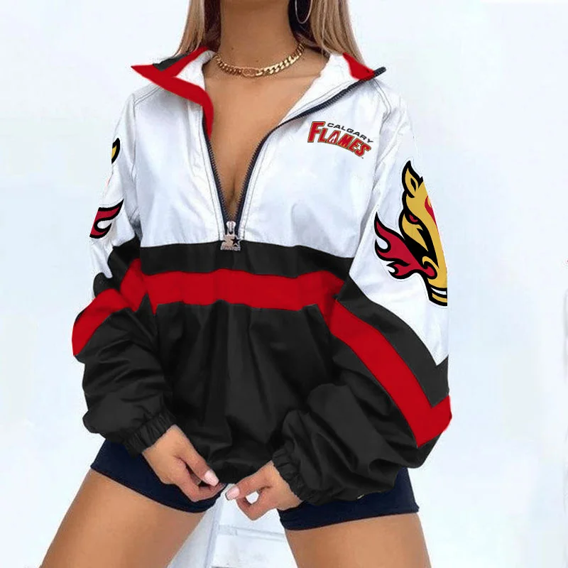 Women's Support Calgary Flames Hockey Print V Neck Zipper Sweatshirt Jacket