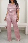Women's Party Sparkly Sequin T-shirt & Pants Set Suit 