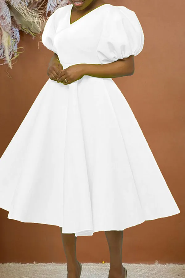 Cecily - V-Neck Midi Dress with Puff Sleeves and Ruched Waist