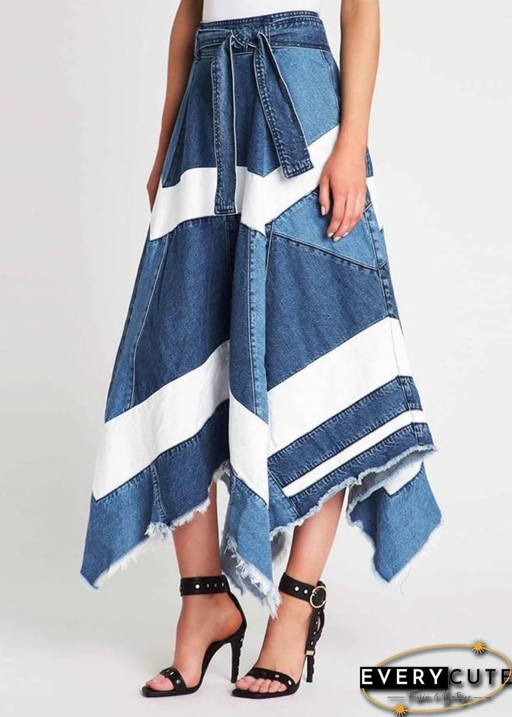 Women Blue Asymmetrical Patchwork Denim A Line Skirts Summer