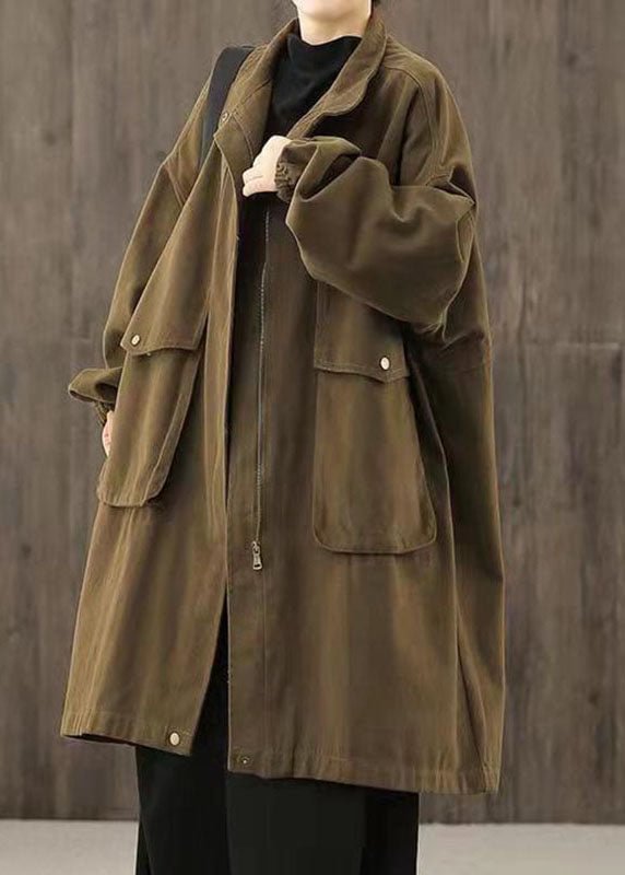 Handmade Coffee Casual zippered Pockets Patchwork Fall trench coats CK2105- Fabulory