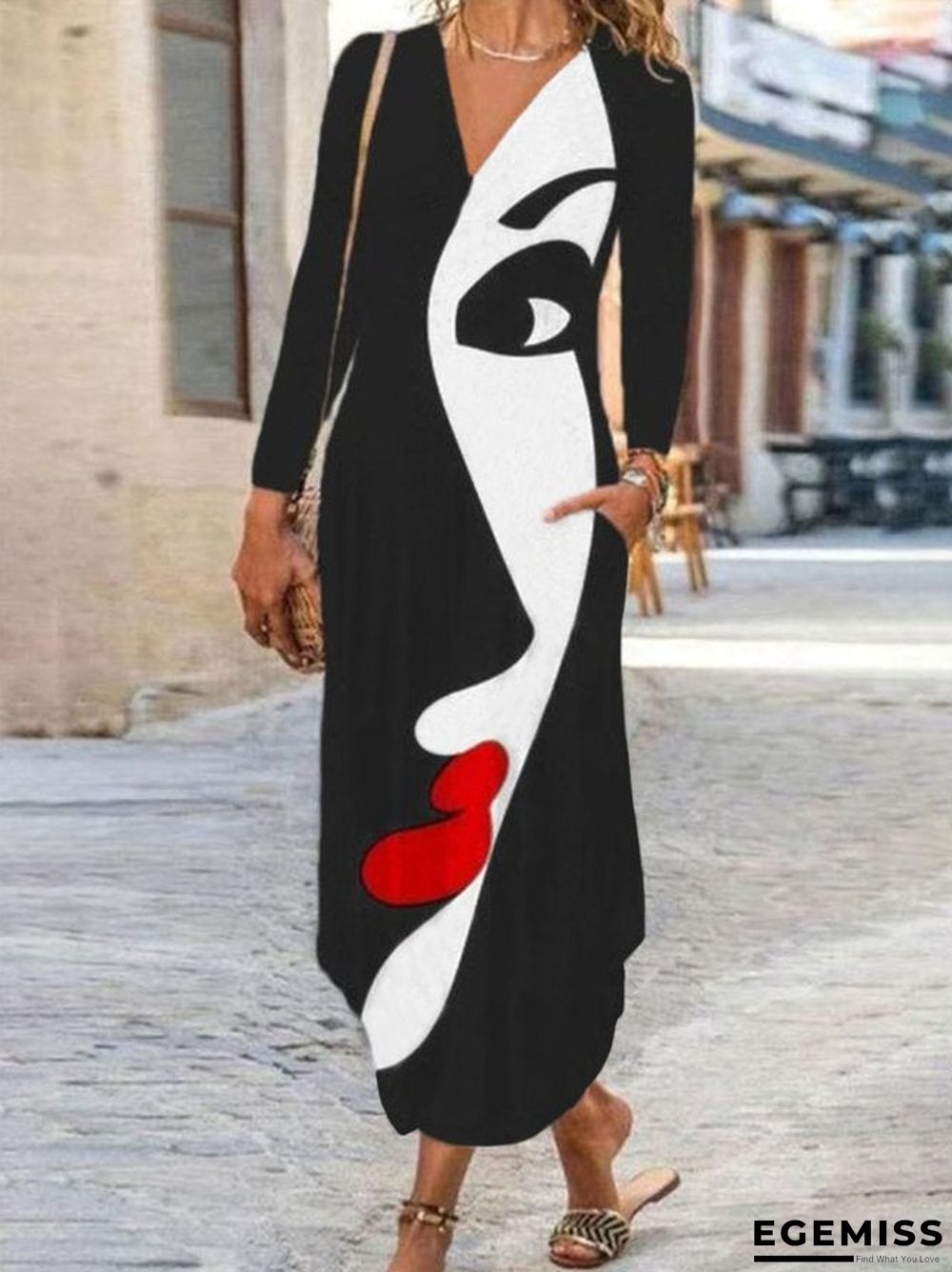 Casual Long Sleeve V Neck Printed Dresses Black Dresses | EGEMISS