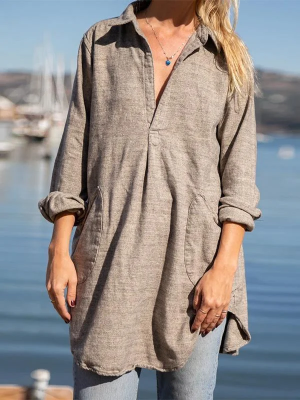 Ladies Cotton Linen V-Neck Pocket Shirt