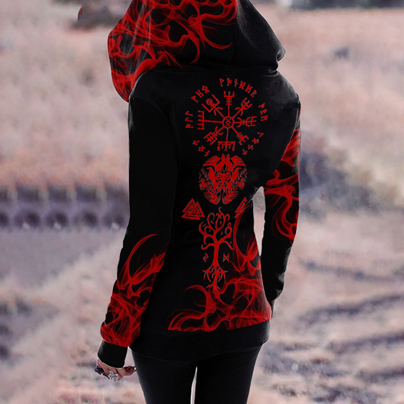 Retro Flame Viking Totem Print Zipper Hoodie