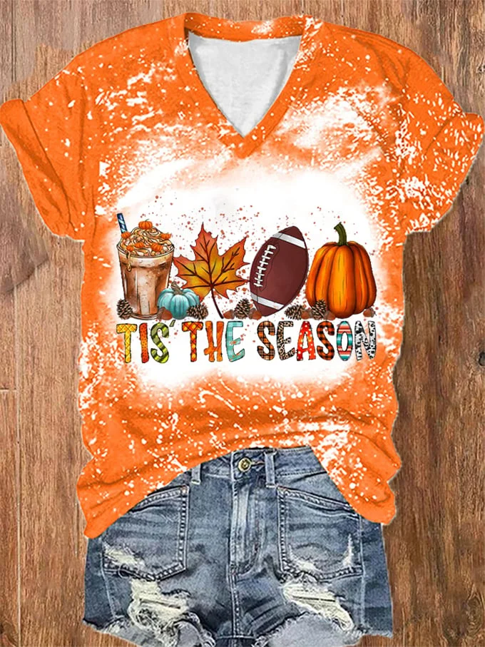 🔥Buy 3 Get 10% Off🔥Women's Tis The Season Pumpkin Football Maple Leaf Autumn Print V-Neck T-Shirt