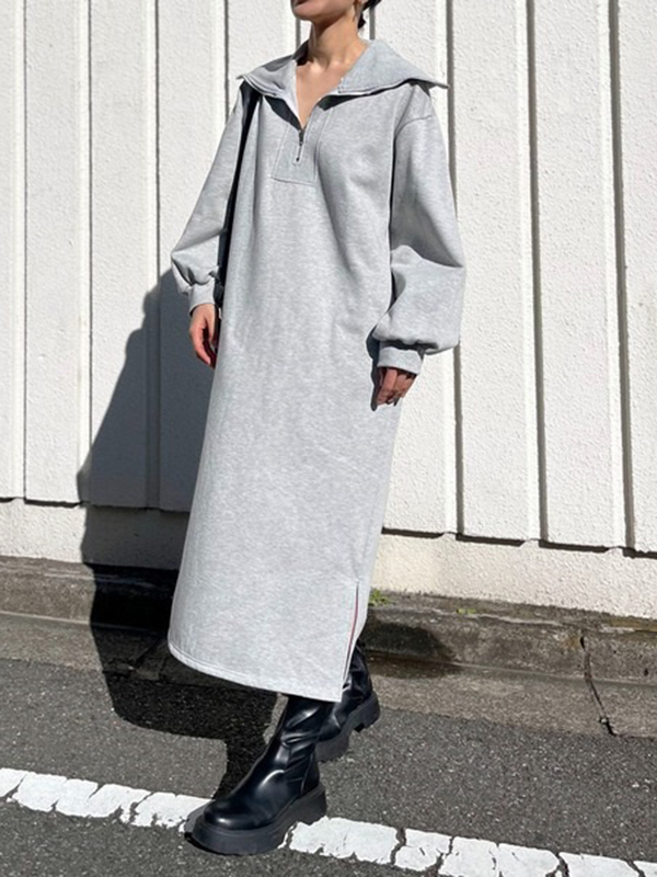 Loose Lapel Zipper Hoodie Midi Dress