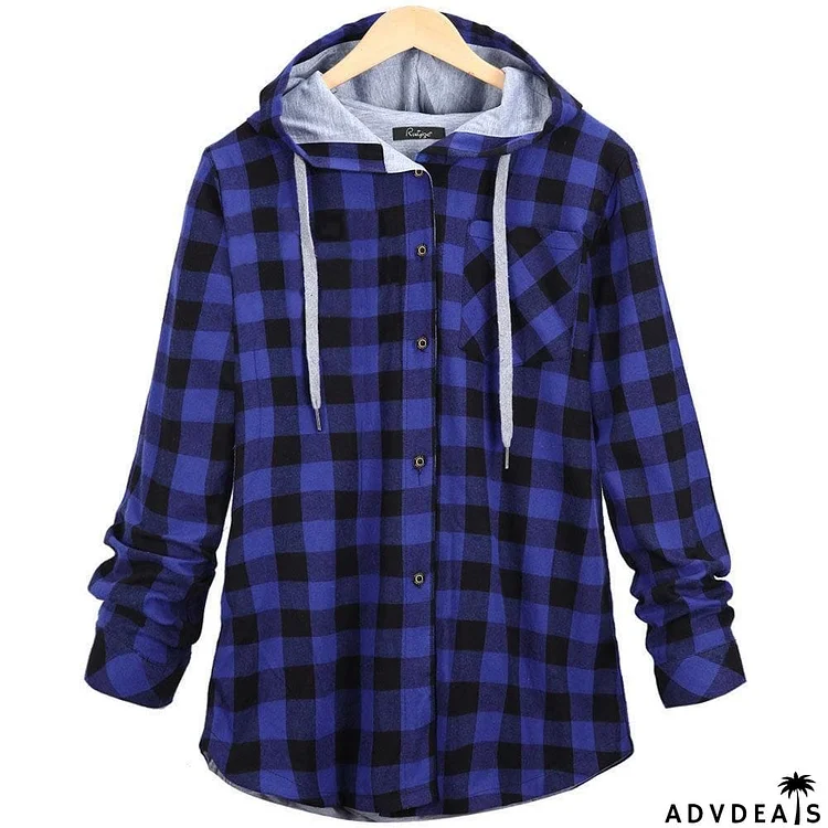 Women's Long Sleeve Button Up Hooded Plaid Shirts for Spring