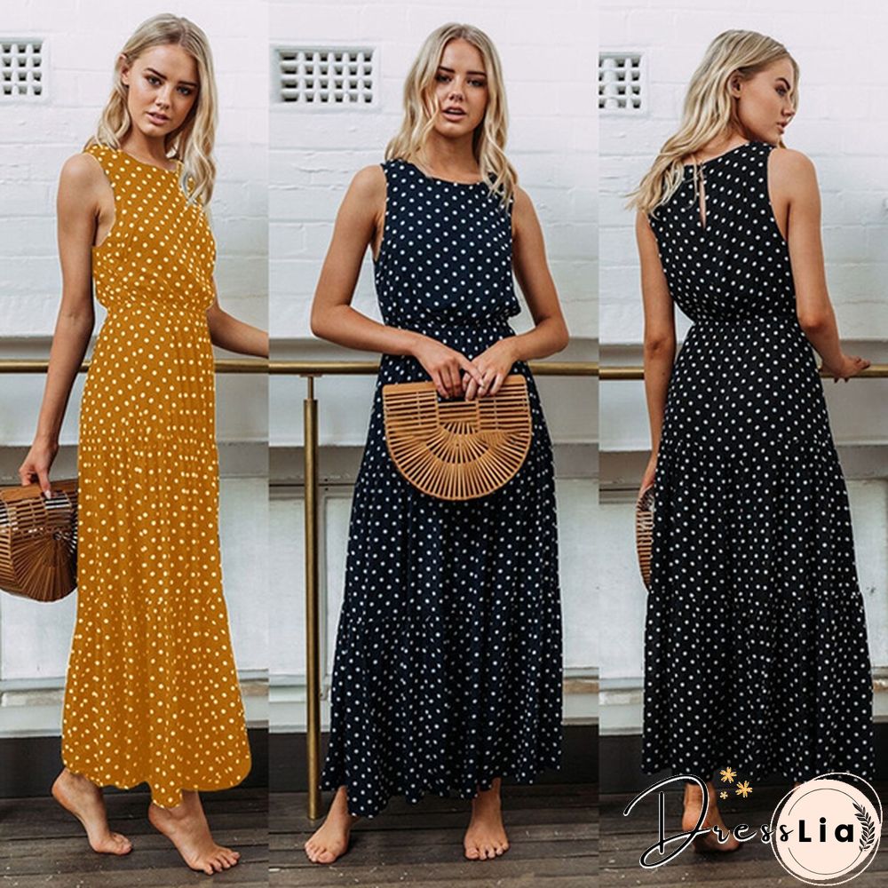 Holiday Summer Women Boho Sleeveless Maxi Polka Dot Dress Casual Beach Long Dress