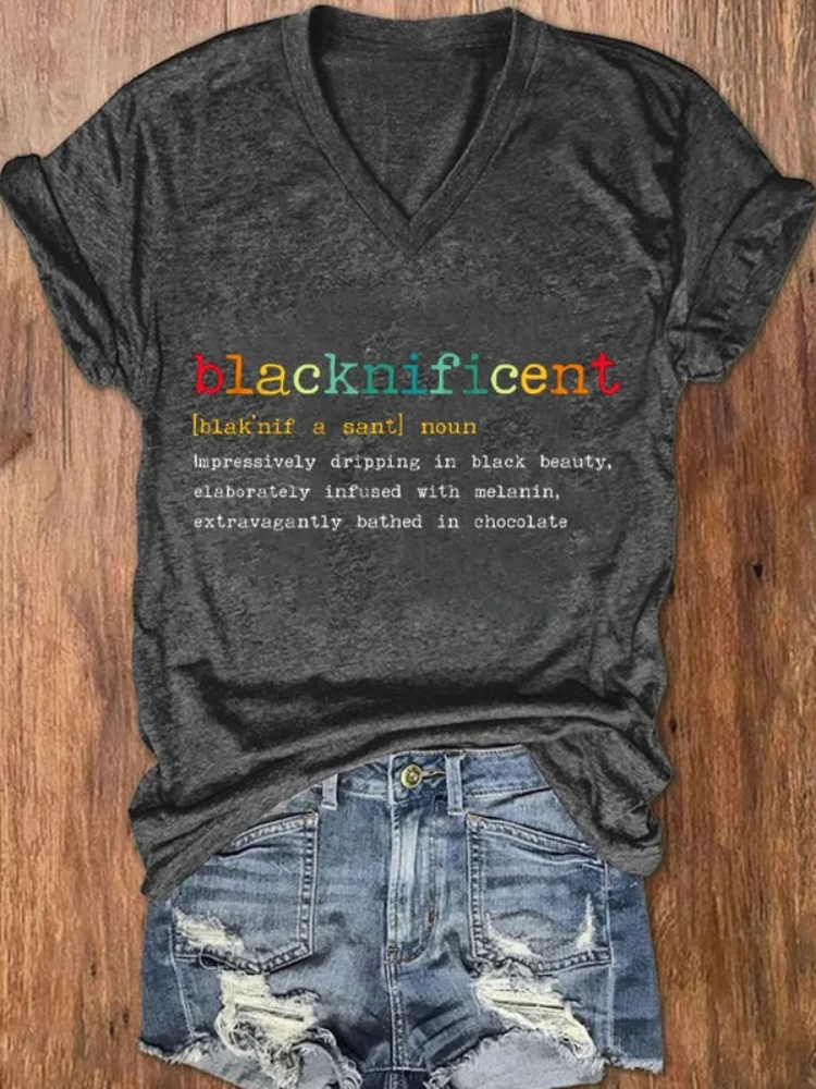 Women's Juneteenth Blacknificent Pride Black Beauty Print V-Neck T-Shirt
