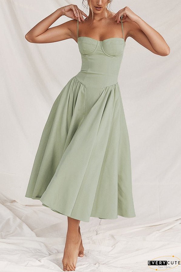 Solid Color Vintage Slim Fit Suspender Pocket Midi Dress