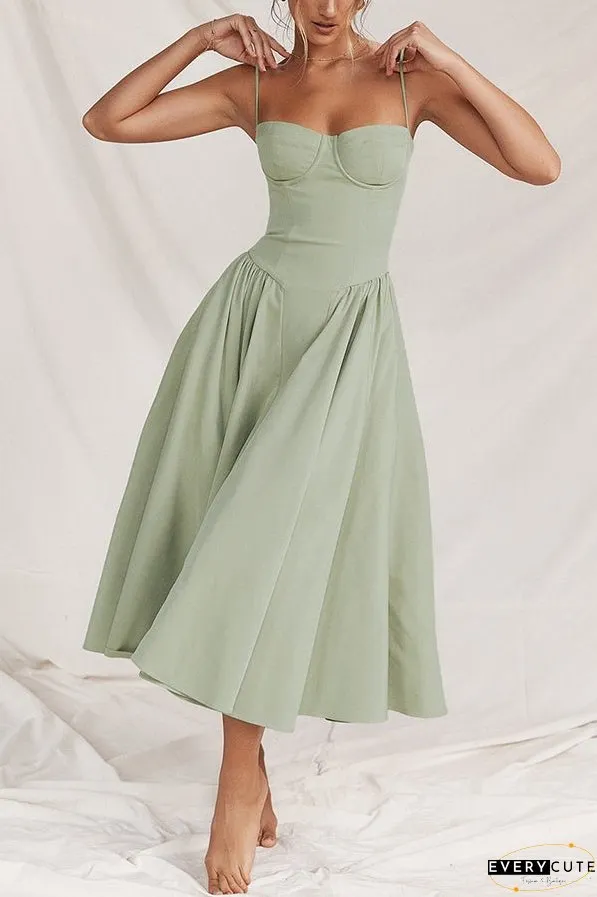 Solid Color Vintage Slim Fit Suspender Pocket Midi Dress