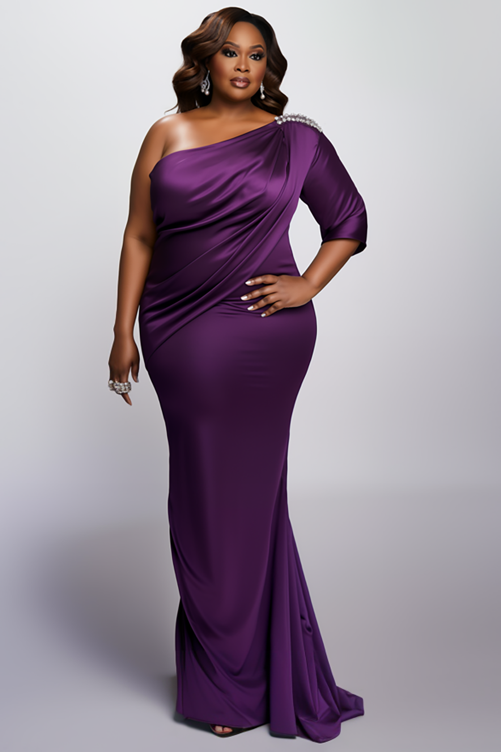 Design Plus Size Mother Of The Bride Elegant Purple One Shoulder 3/4 Sleeve Drilling Mermaid Satin Maxi Dresses [Pre-Order]