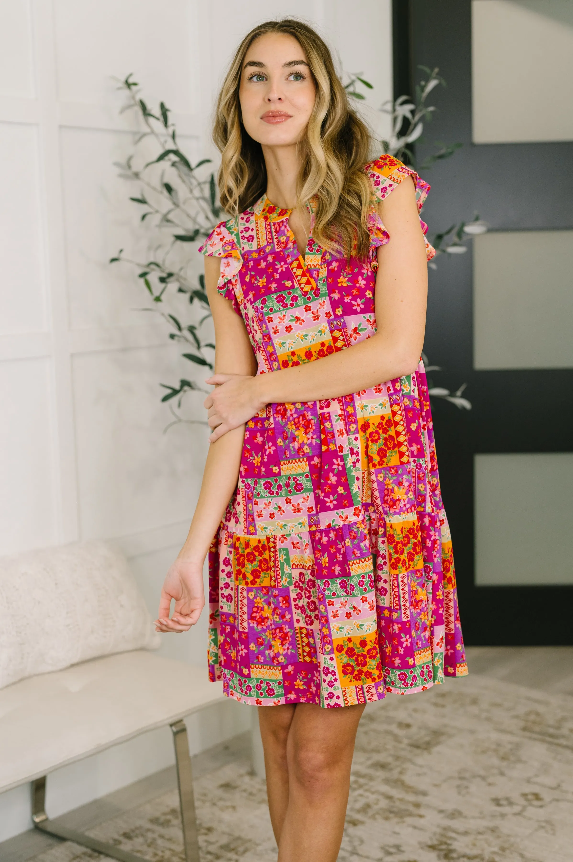 Lizzy Flutter Sleeve Dress in Patchwork Floral mysite idetrend