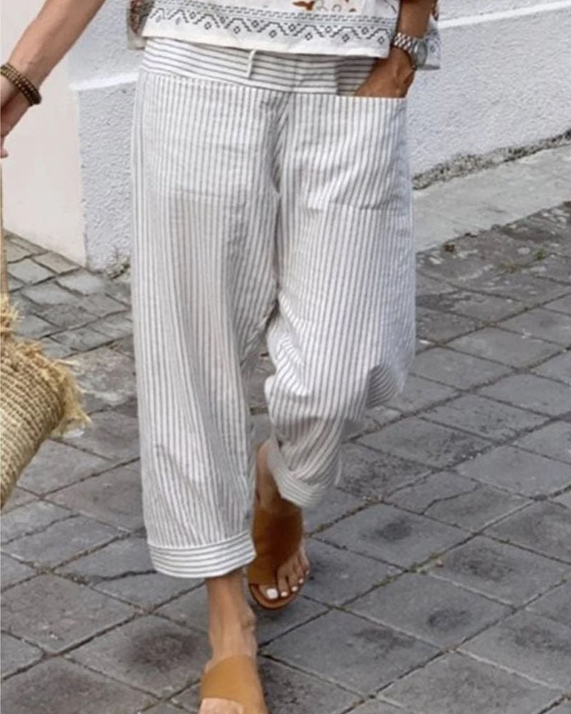 Casual Cotton and Linen Striped Pants