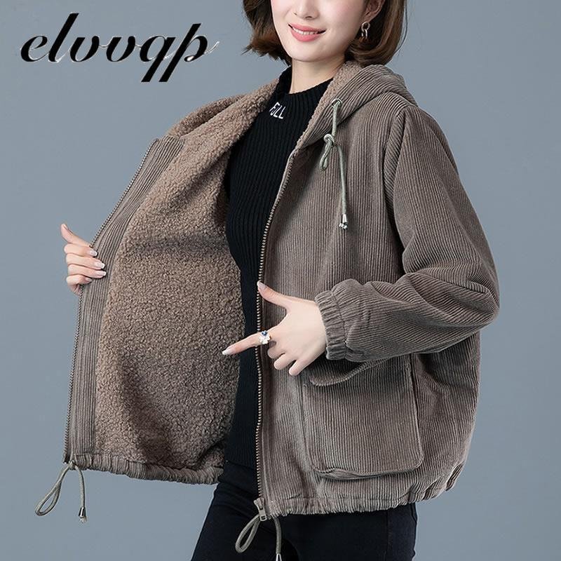 plus Size L-5XL Vintage Corduroy Jackets Women Autumn Winter Thick Plus Velvet Warm Long Sleeve Casual Hooded Basic Coats 2020