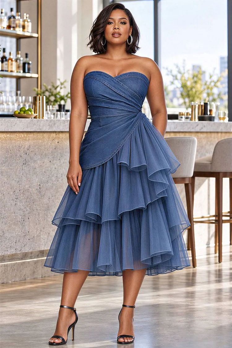 Xpluswear Design Plus Size Party Tulle Blue Strapless Ruffle Asymmetric Hem Irregular Hem Denim Midi Dresses [Pre-Order] 2024 - Xpluswear