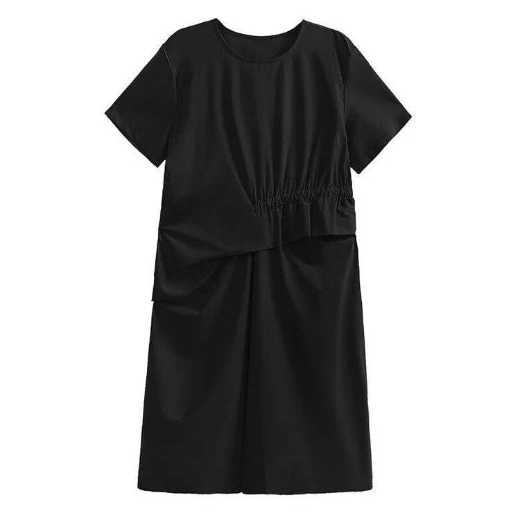 Temperament Solid Color Round Neck Asymmetrical Folds Waist Splicing Ruffle Short Sleeve Dress