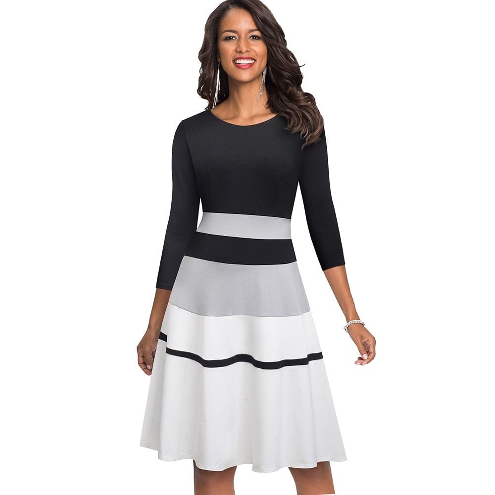 Retro Elegant Contrast Color Patchwork vestidos Business Party Flare A-Line Women Winter Dress