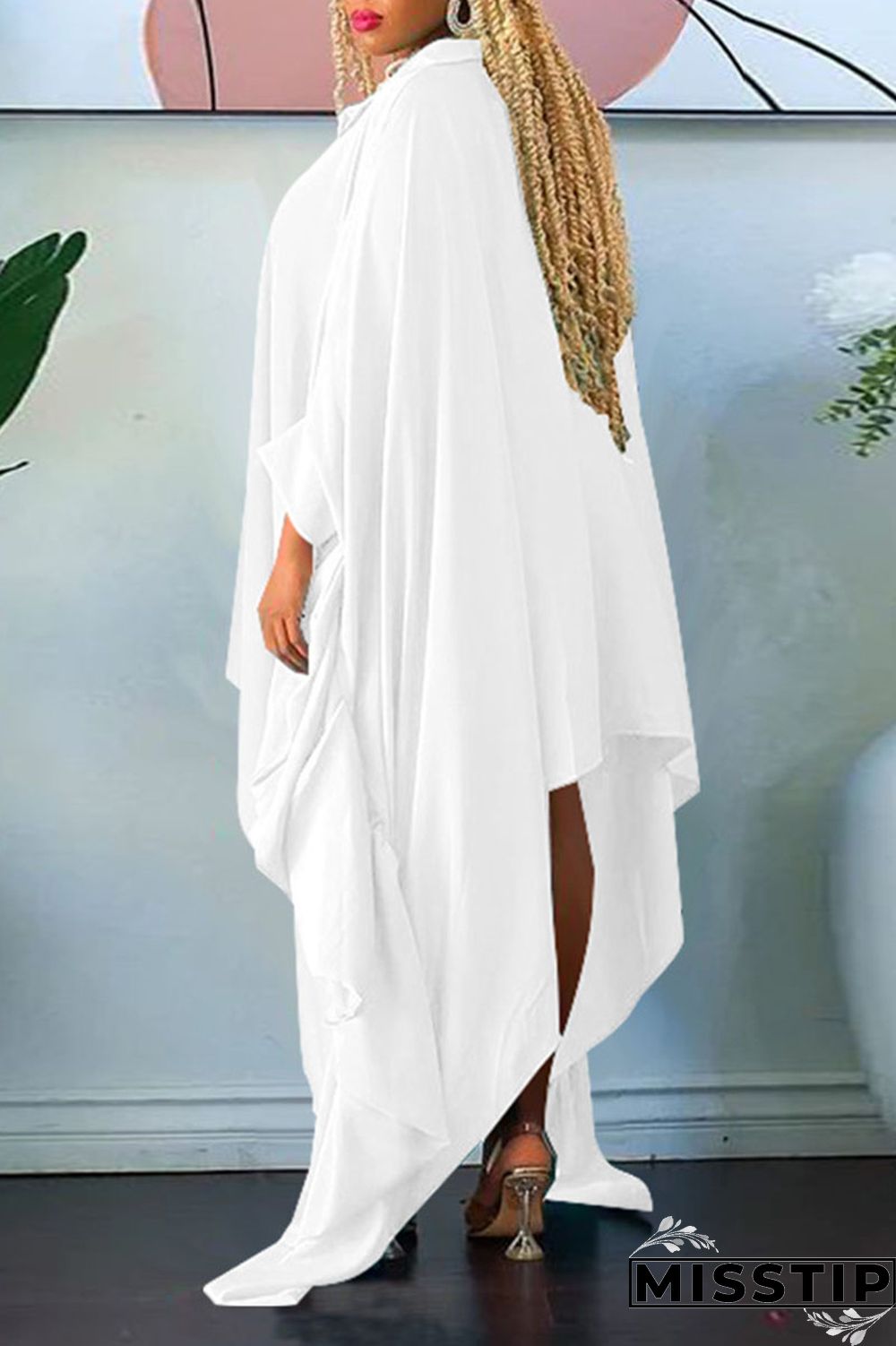 Green Casual Solid Patchwork Buckle Asymmetrical Turndown Collar Irregular Dress Plus Size Dresses