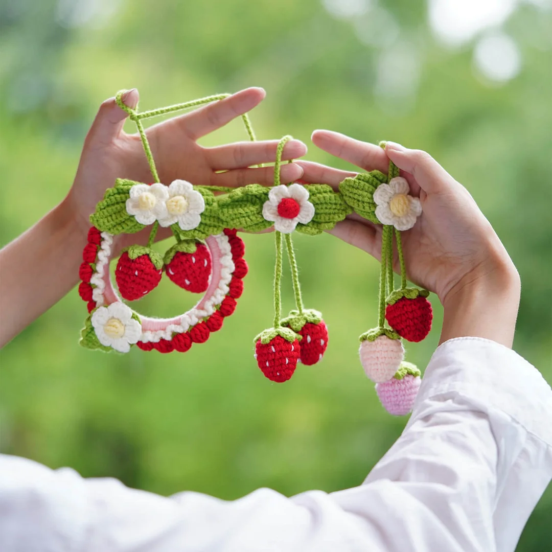 MeWaii® 3 Pcs Cute Crochet Strawberry Car Hanging Crochet  Kit for Beginners with Easy Peasy Yarn