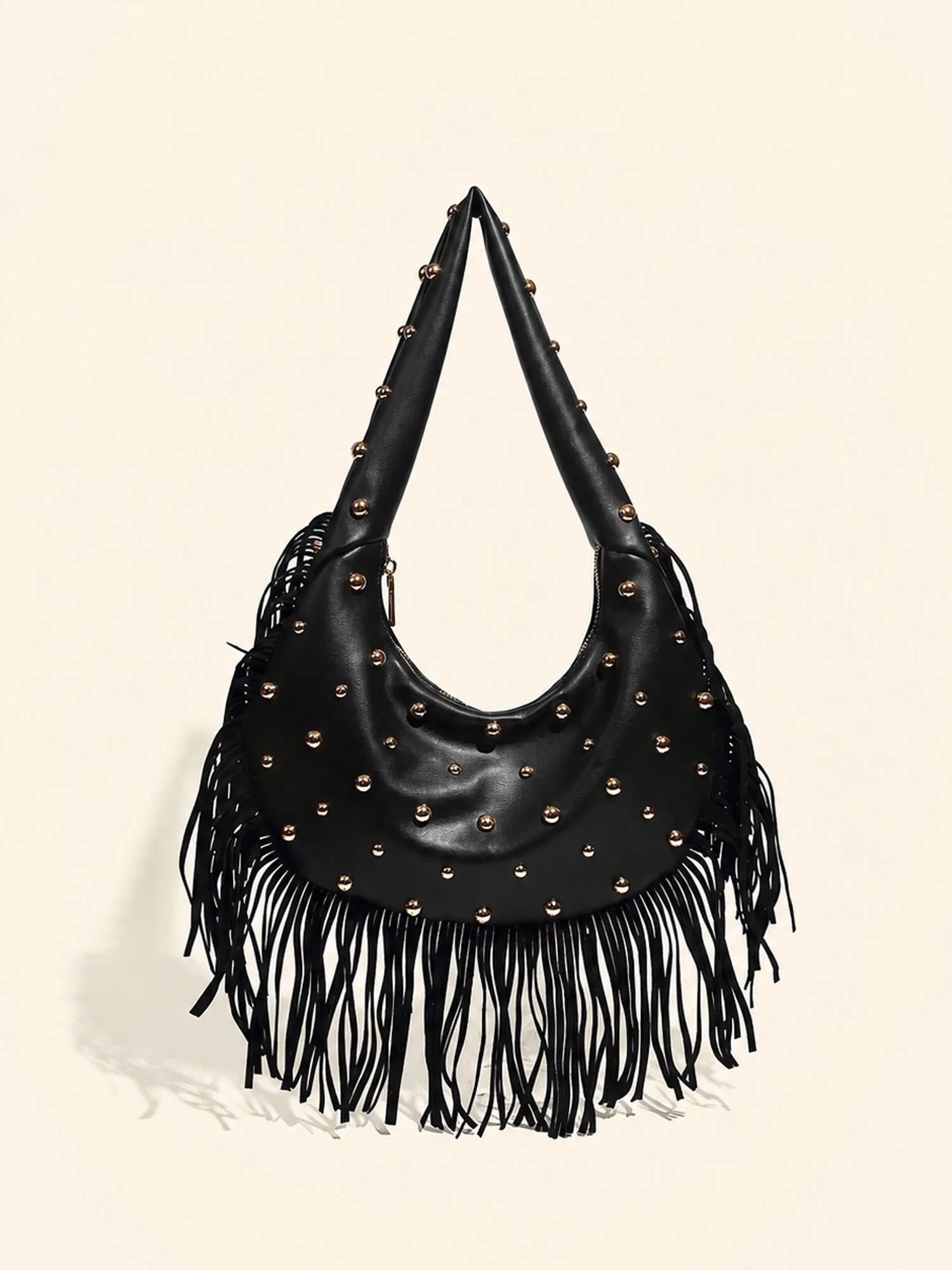 Perfect for Daily Street Style and Urban Commuting &mdash; Black All-Over Gold Studded Kinetic Fringe Soft Leather Half-Moon Bag