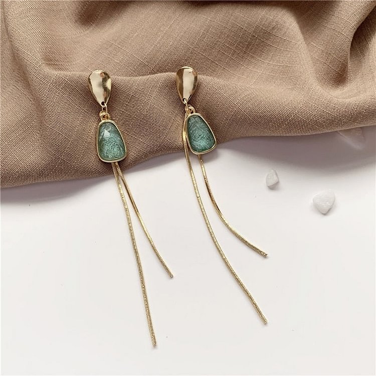 Gold & Green Tassel Drop Earrings
