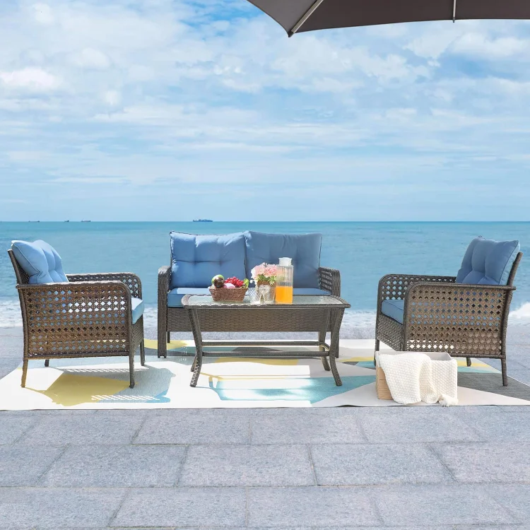 Patio Conversation Sets Outdoor Furniture,4 Pieces Wicker Patio Furniture with Loveseat, Rattan Seating Outside Patio Set Coffee Table Chair for Lawn, Deck, Balcony, Backyard. (Navy)