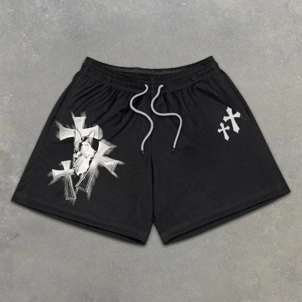 Black Trend Cross Belief Print Mesh Shorts SOPULA