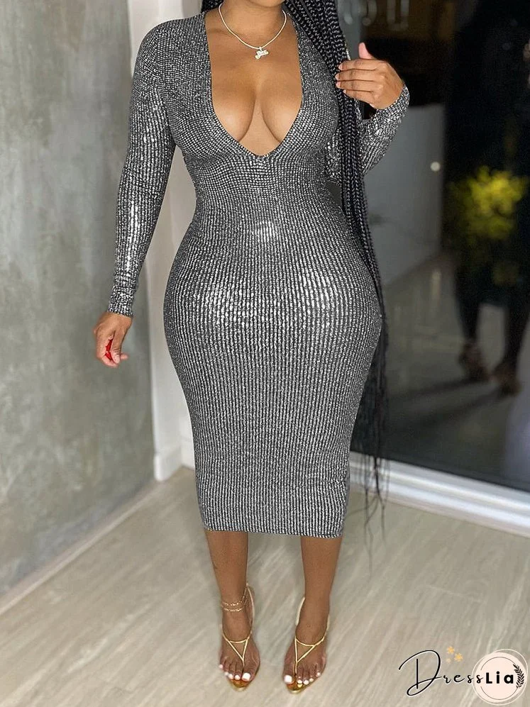 Dresses Fashion Deep V Bronzing Sexy Midi Dress for Women