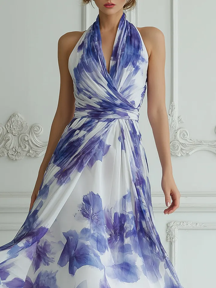purple floral halter neck bodycon midi dress Wrap Watercolor Print Sleeveless