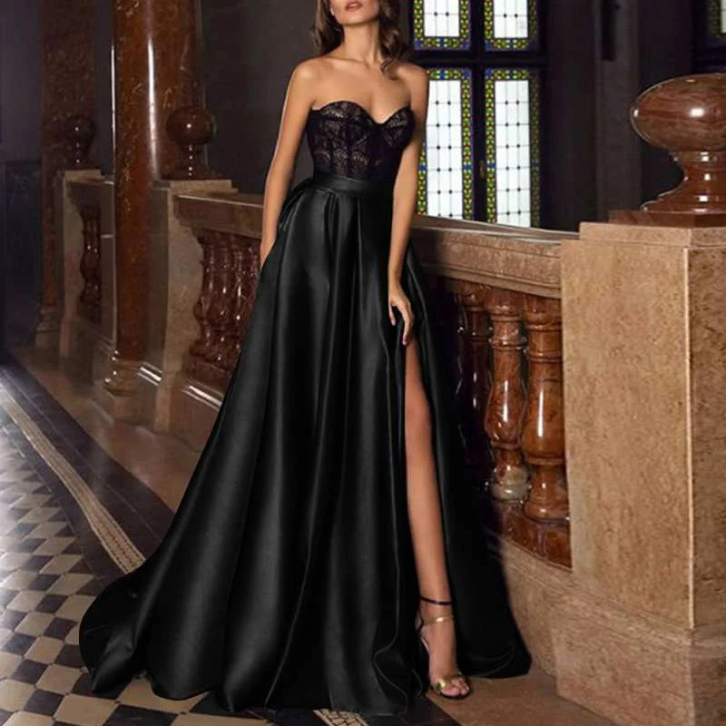 Celmia Women Maxi Skirts 2022 Elegant Fashion Satin Split Hem Skirt Elastic High Waist Casual Pleated Evening Party Long Skirt