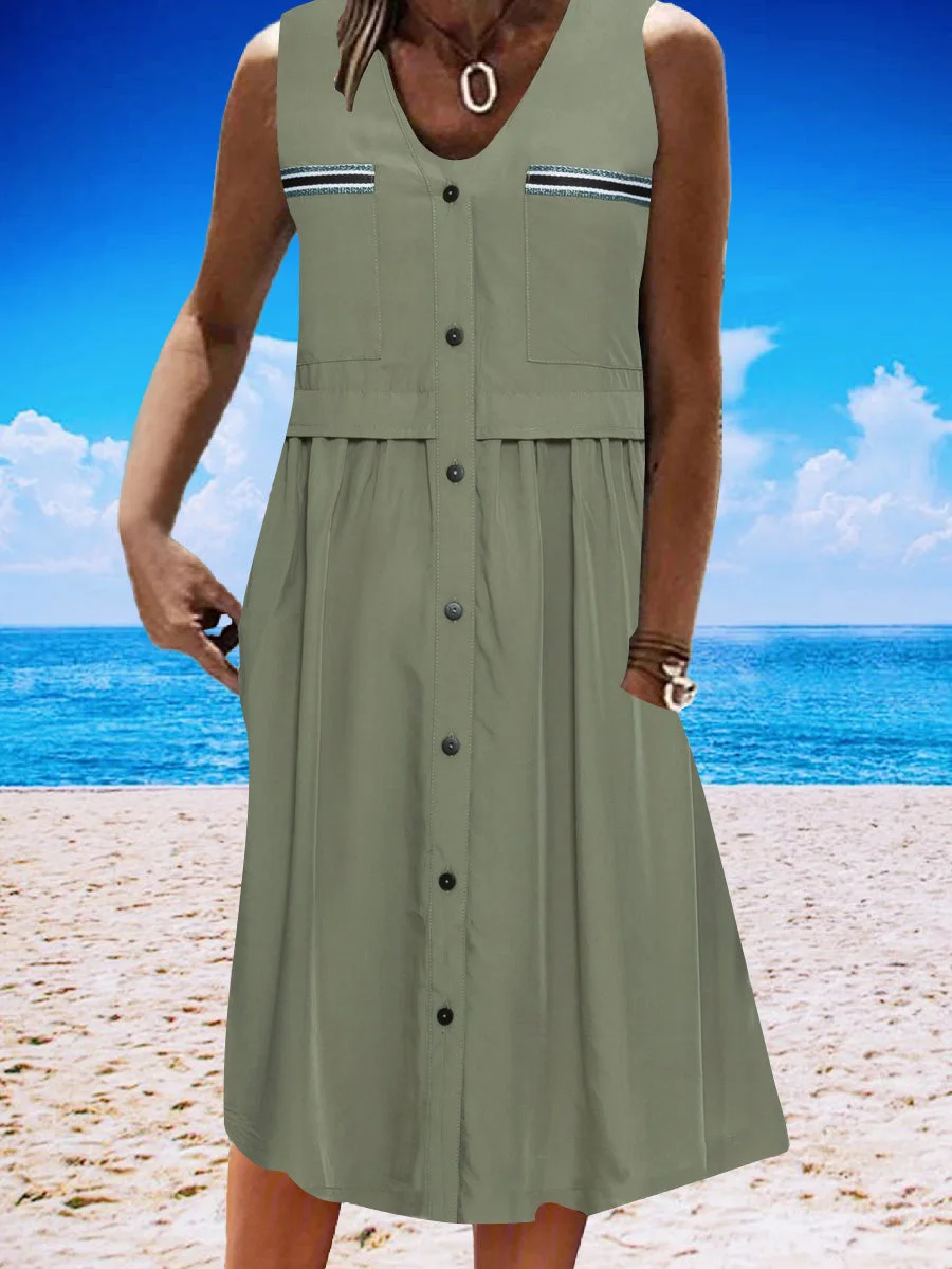 Women Half Sleeve V-neck Solid Color Dress
