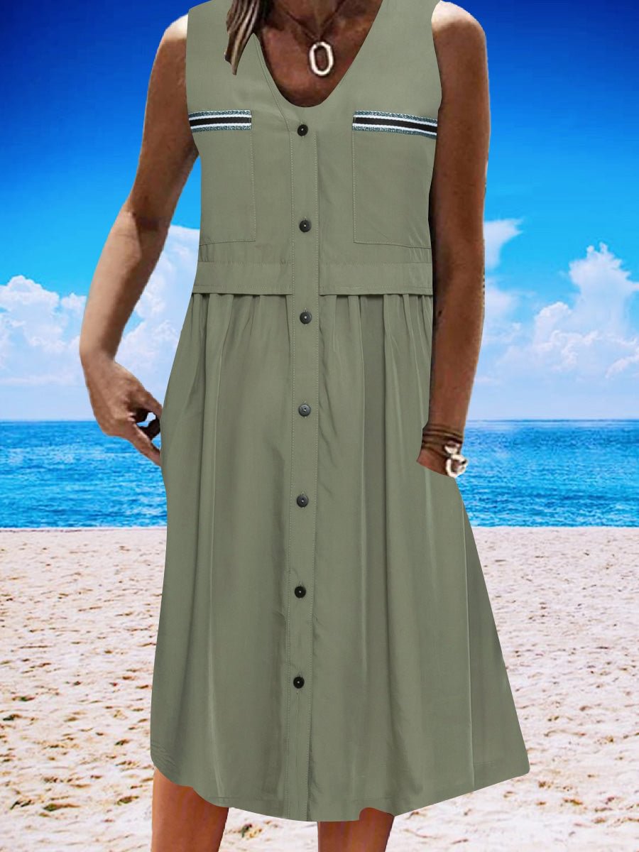 Women's Green Sleeveless V-neck Buttons Midi Dress
