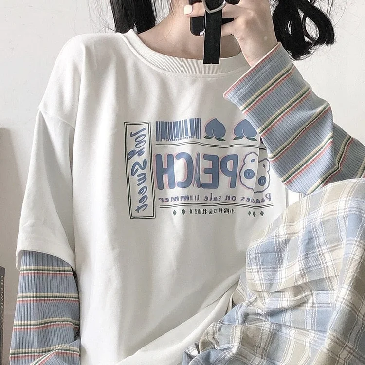 Sweet Girl Fake Two Piece Long Sleeve T-shirt - Gotamochi Kawaii Shop, Kawaii Clothes