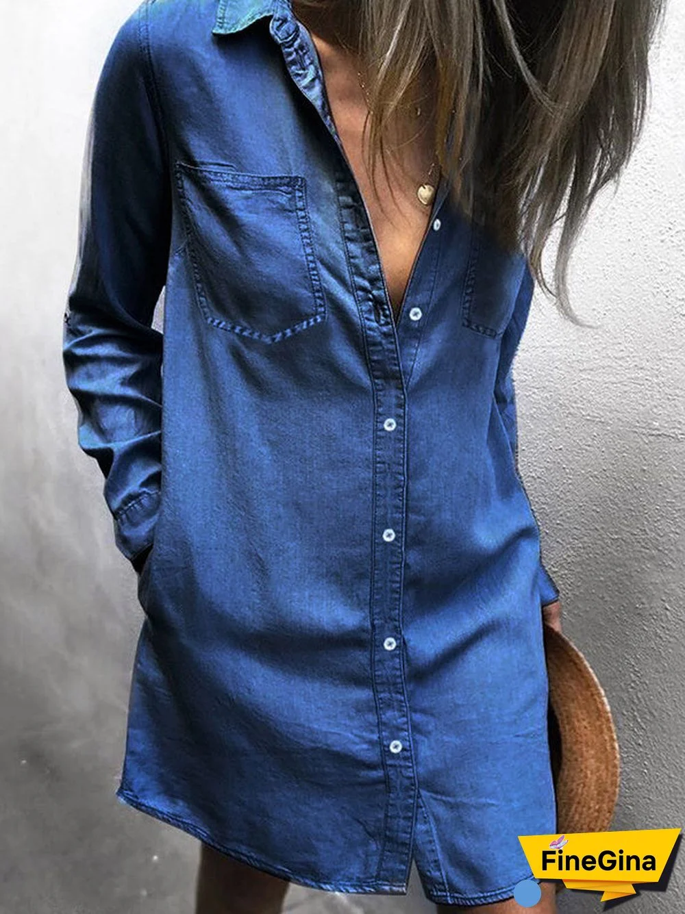 Women Long Sleeve V-neck Solid Color Mini Dress