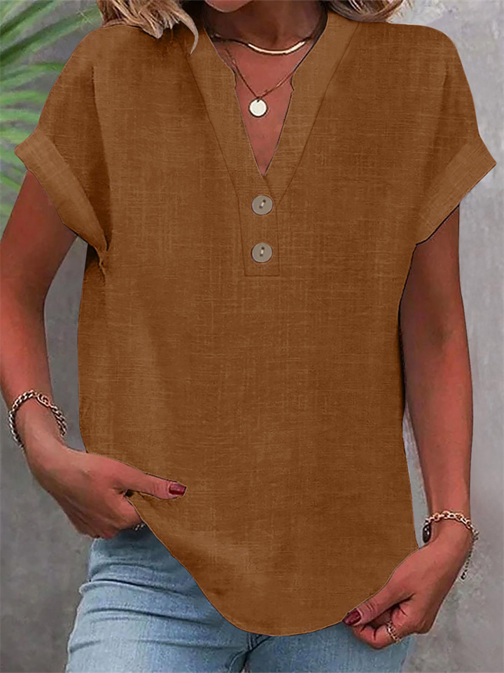 Summer Solid-Color Stand-Up Collar Button-Down Short-Sleeve Women's Shirt-JRSEE